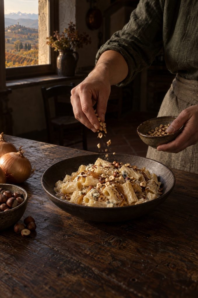 Handen van de kok strooien hazelnoten over pasta gorgonzola in een donkere keuken, bij het raam met uitzicht op de Langhe