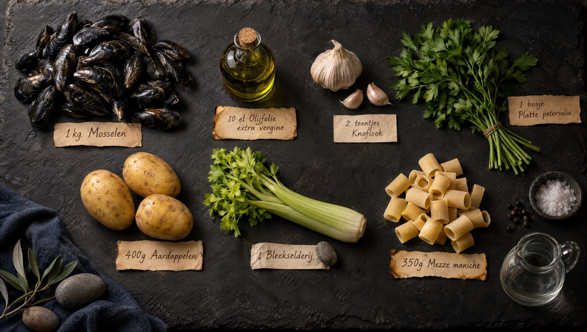 Ingrediënten voor pasta met aardappel en mosselen: mosselen, aardappelen, bleekselderij, knoflook, peterselie en pasta