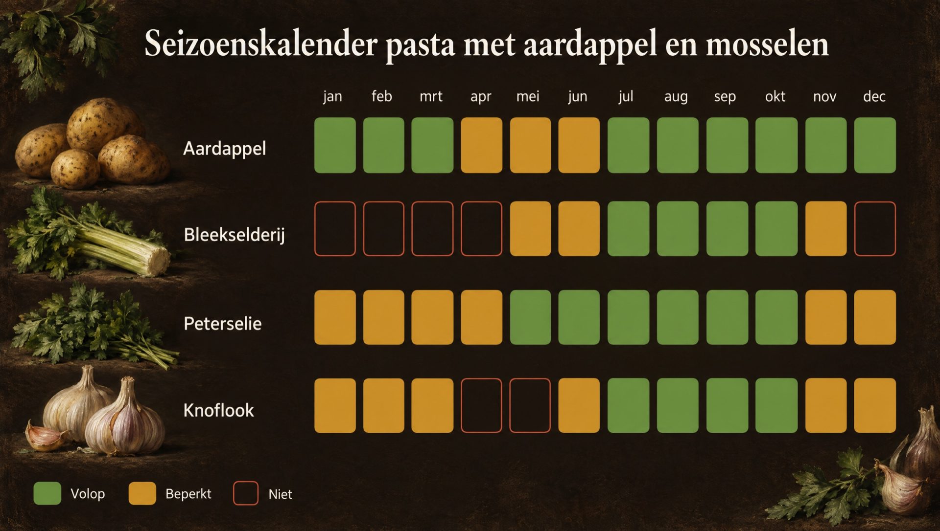 Seizoenskalender voor pasta met aardappel en mosselen: aardappel, bleekselderij, peterselie en knoflook