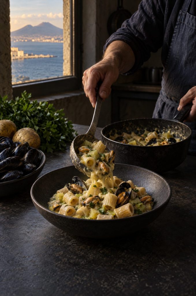 Handen scheppen pasta met aardappel en mosselen op, in een donkere keuken bij het raam boven de Golf van Napels