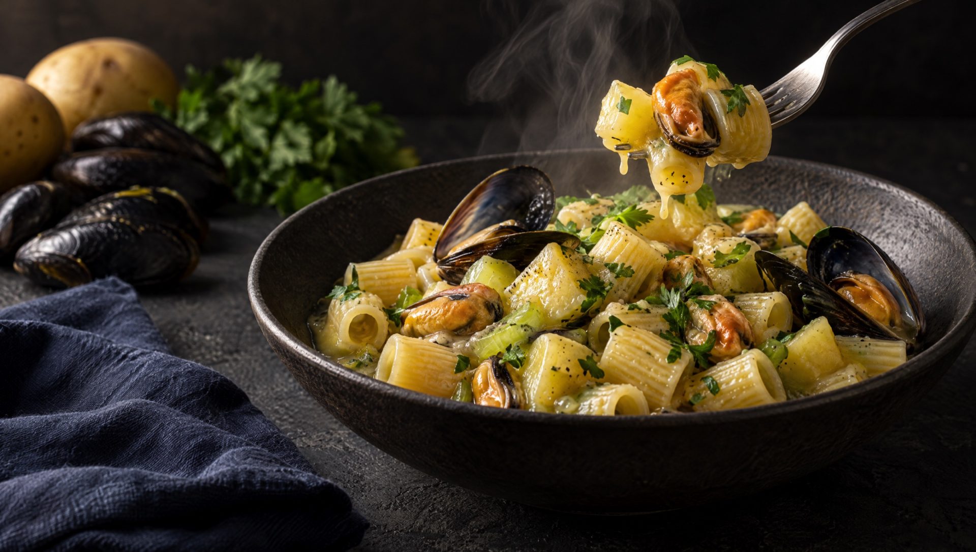 Pasta met aardappel en mosselen in een donkere kom, met een vork vol pasta en mossel, rauwe mosselen, aardappelen en peterselie