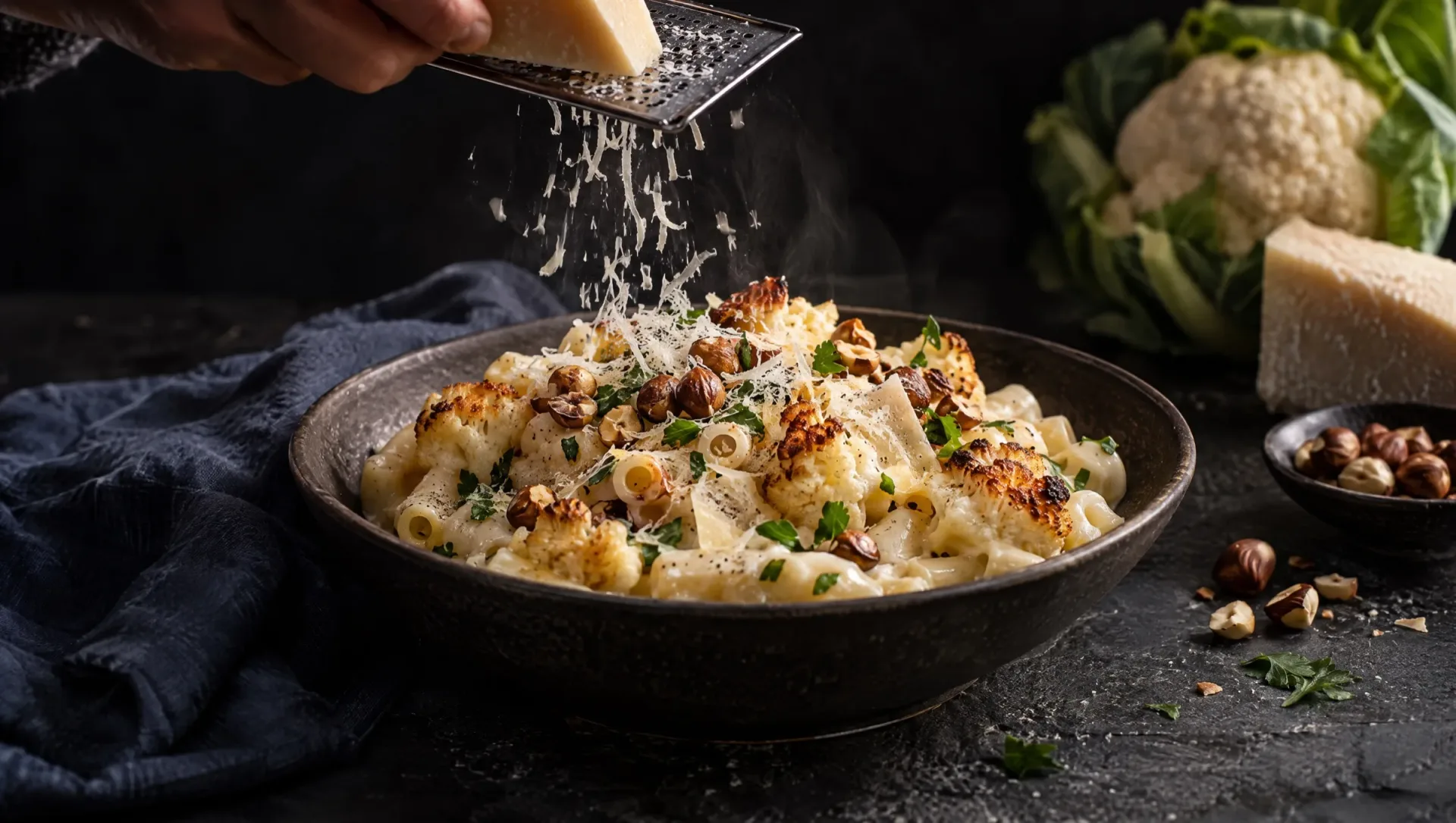 Pasta met bloemkoolcrème op donkere leisteen, er wordt pecorino over geraspt, met bloemkool en hazelnoten ernaast
