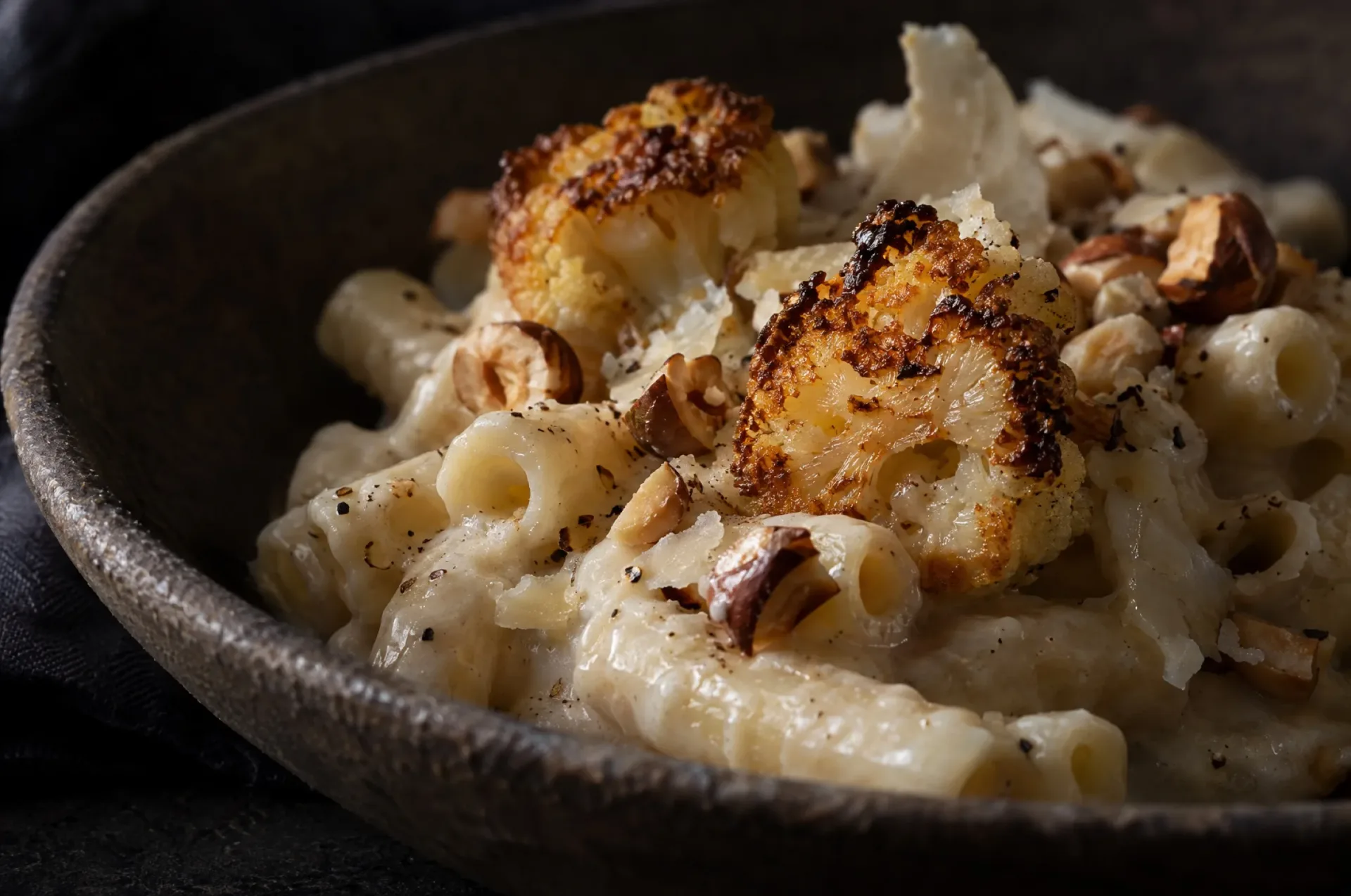 Pasta met bloemkoolcrème van dichtbij: maccheroni in glanzende witte crème met goudbruine roosjes en grof gehakte hazelnoten