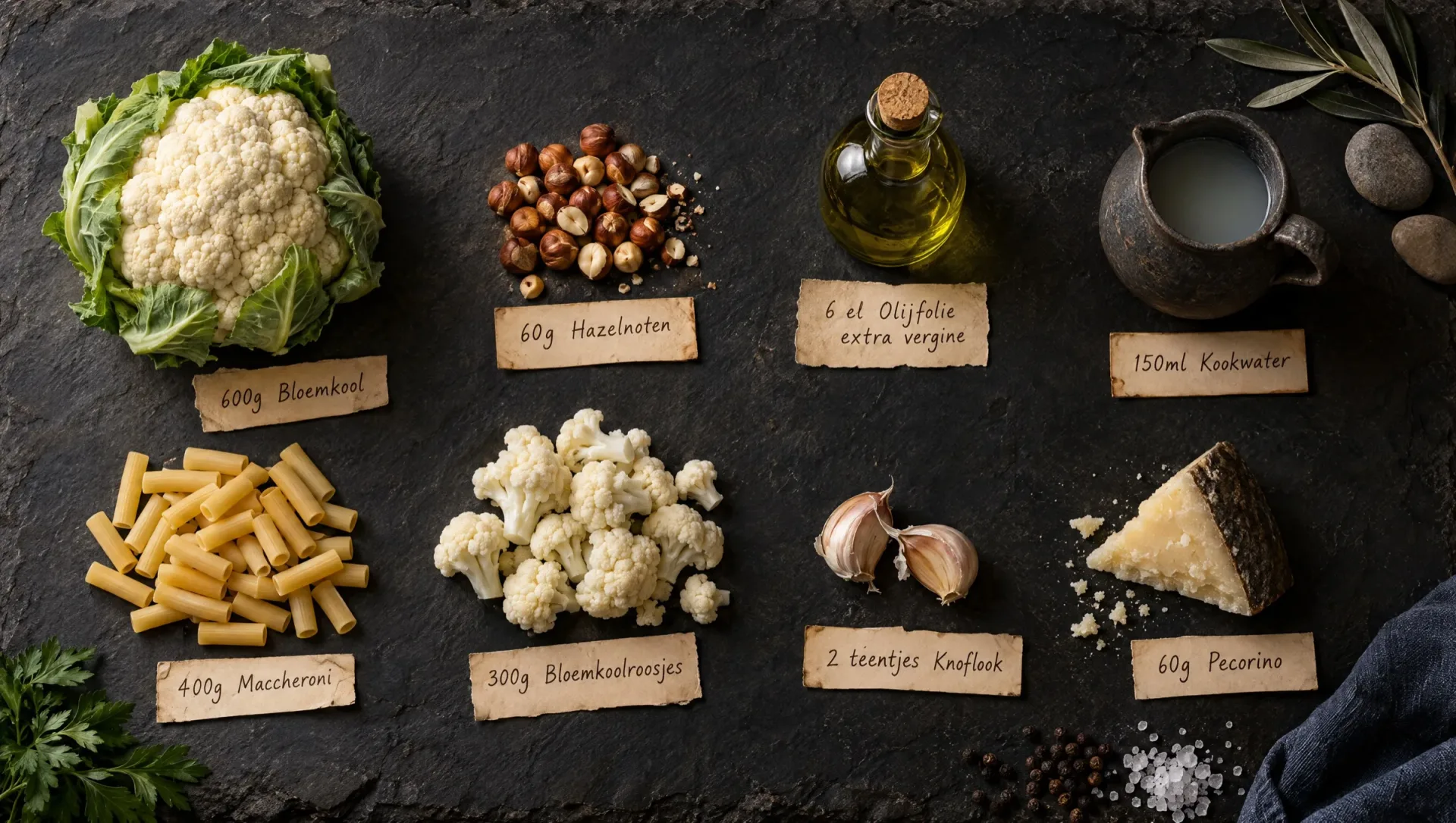Ingrediënten voor pasta met bloemkoolcrème: bloemkool, maccheroni, hazelnoten, pecorino, knoflook, peterselie en olijfolie