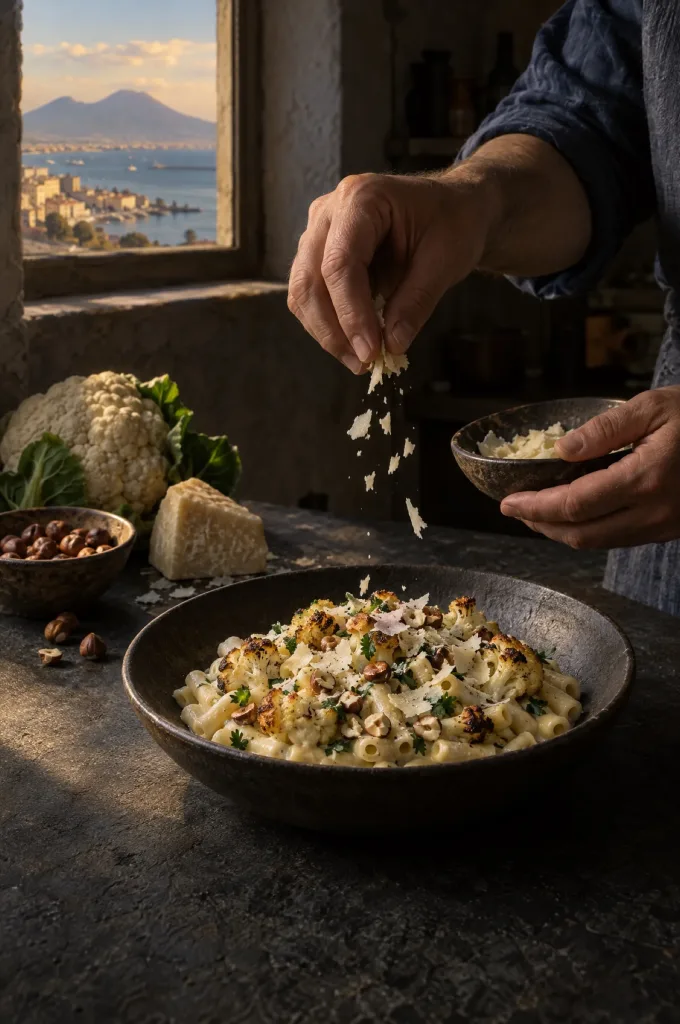 Handen van de kok strooien pecorino over pasta met bloemkoolcrème, door het raam de Golf van Napels met de Vesuvius