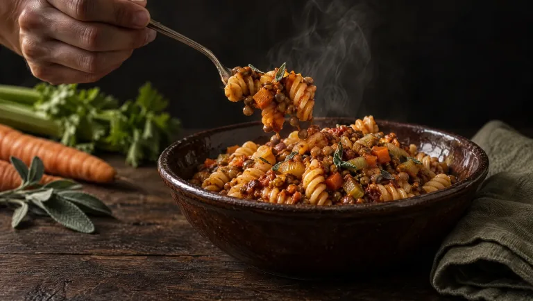 Pasta met linzenragù in een donkere terracotta schaal, een vork tilt fusilli op, met wortel, bleekselderij en salie ernaast
