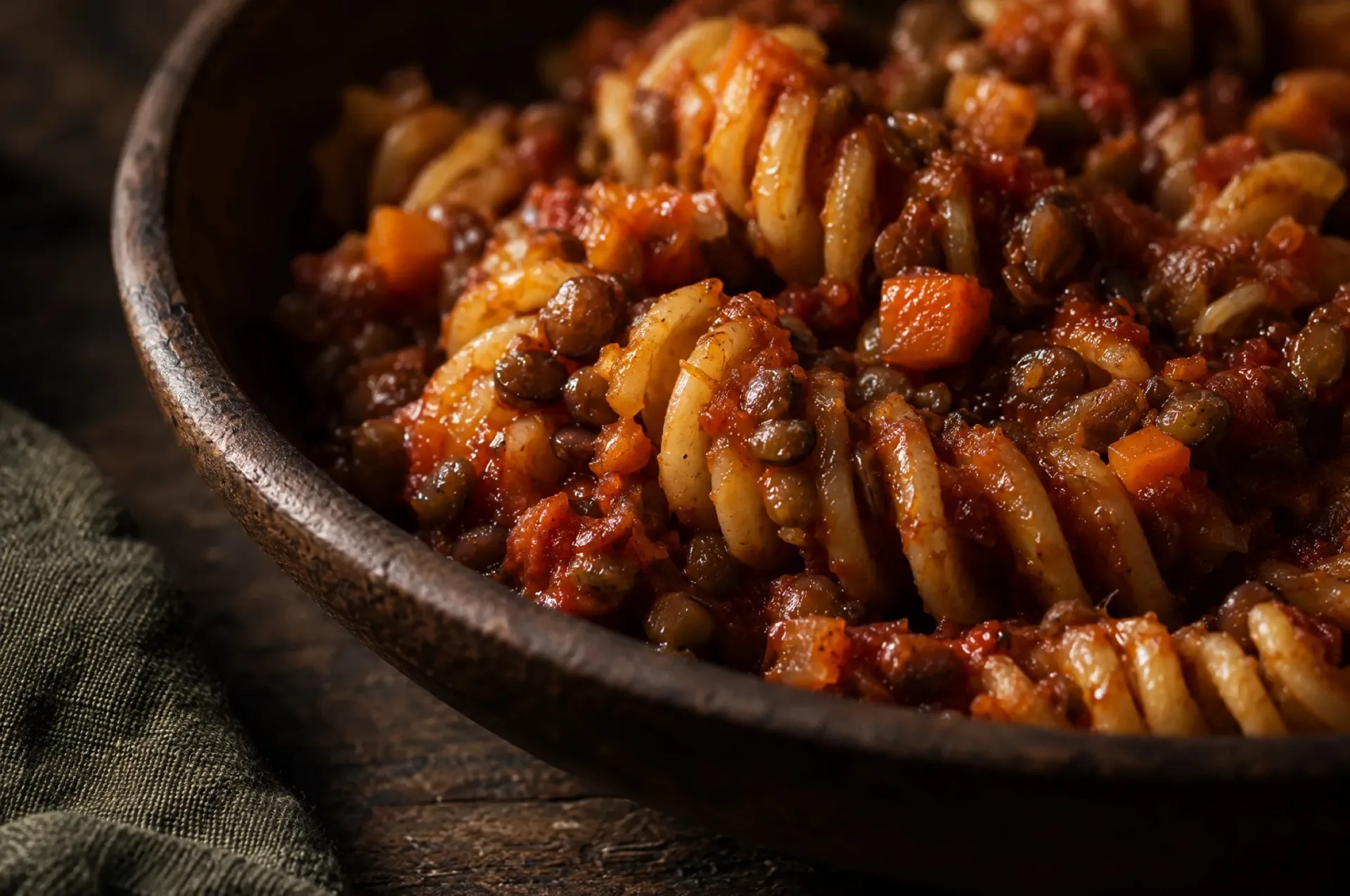 Closeup van pasta met linzenragù: geribbelde fusilli met glanzende rode saus en zachte linzen in de ribbels