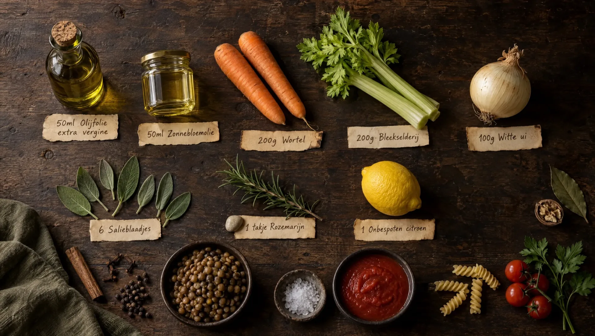 Ingrediënten voor pasta met linzenragù: linzen, wortel, bleekselderij, ui, tomatenpulp, salie, rozemarijn en kaneel
