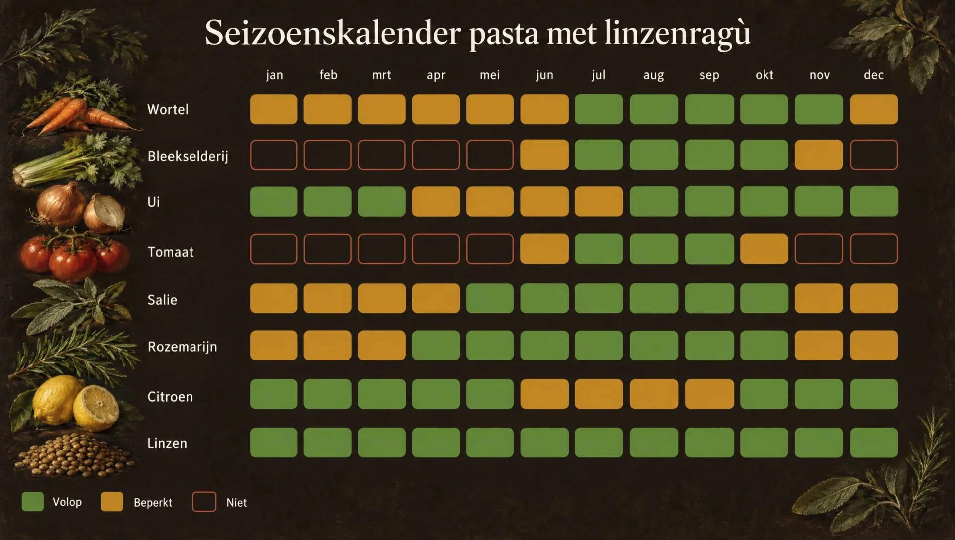 Seizoenskalender voor pasta met linzenragù: wortel, bleekselderij, ui, tomaat, salie, rozemarijn, citroen en linzen