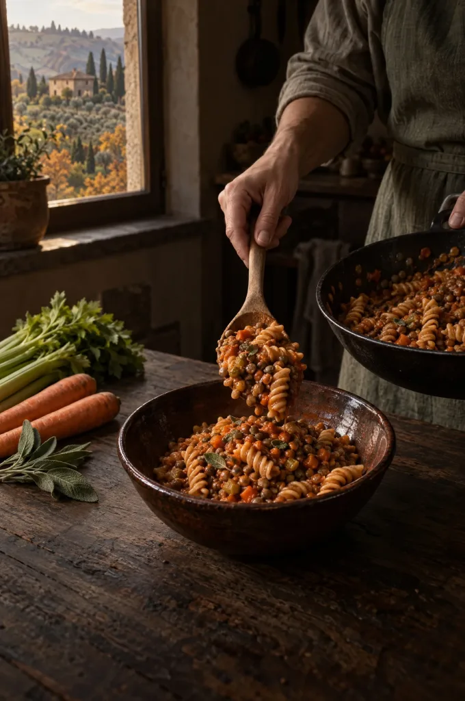 De handen van de kok scheppen pasta met linzenragù in een donkere keuken bij het raam, met uitzicht op de Toscaanse heuvels