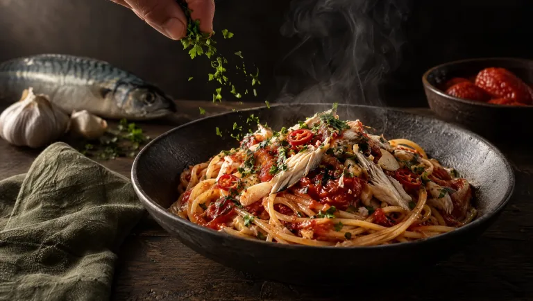 Pasta met makreel in een donkere schaal op een donkere houten tafel, met verse makreel, tomaten en knoflook