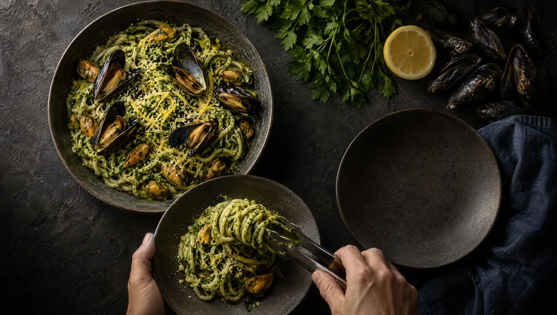 Pasta met peterseliepesto en mosselen van bovenaf, met een tang opgeschept, naast rauwe mosselen, peterselie en citroen