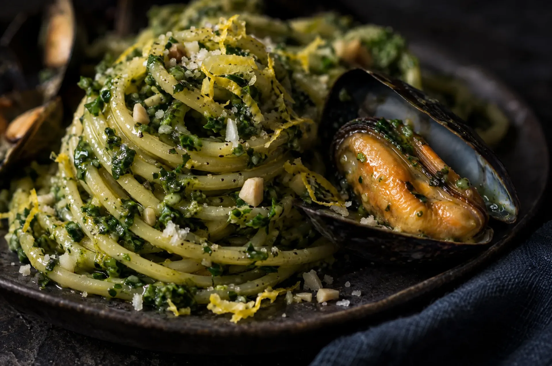 Detail van pasta met peterseliepesto en mosselen: glanzende spaghetti met groene pesto, een open mossel en citroenrasp