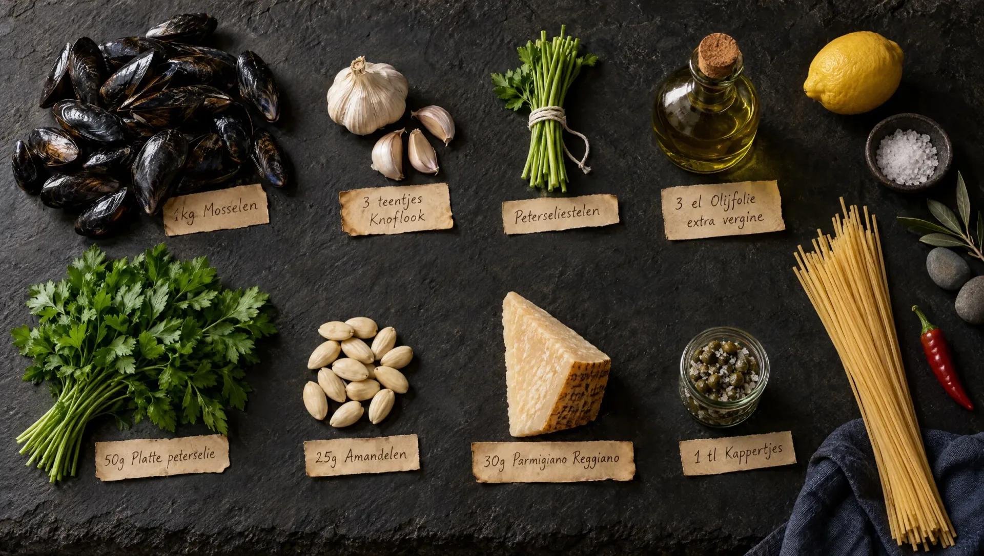 Ingrediënten voor pasta met peterseliepesto en mosselen: mosselen, spaghetti, peterselie, amandelen, kappertjes, citroen