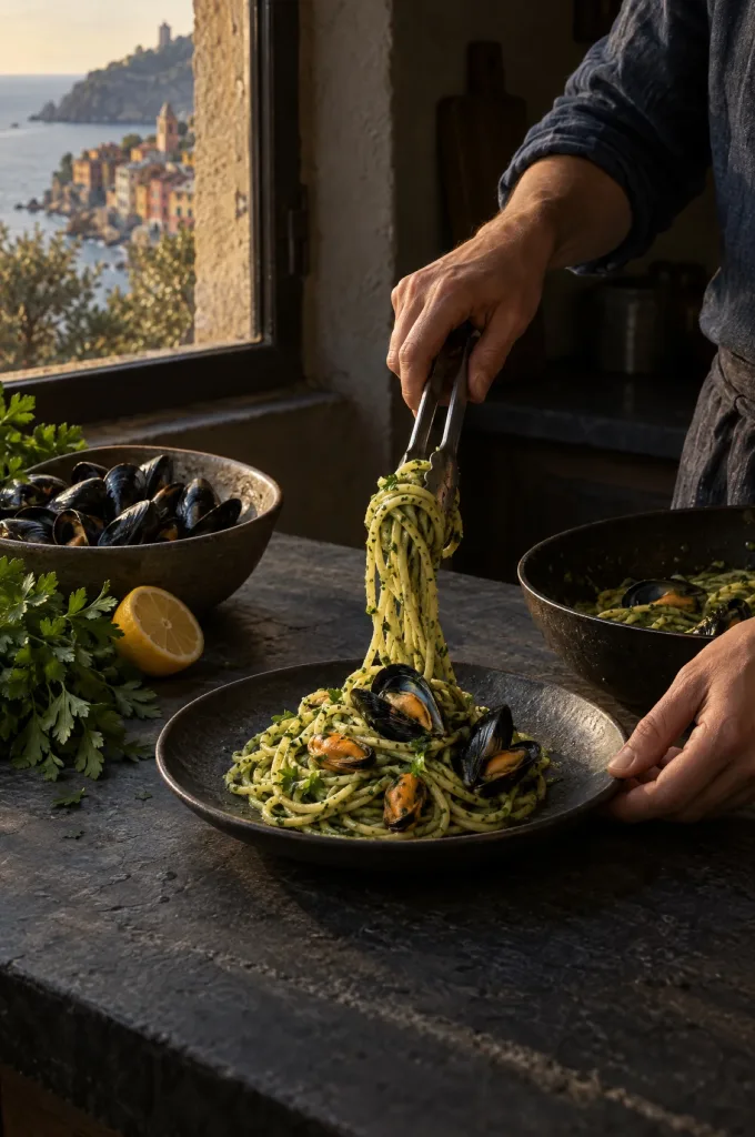 Handen van de kok scheppen pasta met peterseliepesto en mosselen in een donkere keuken, bij het raam op de Golf van La Spezia