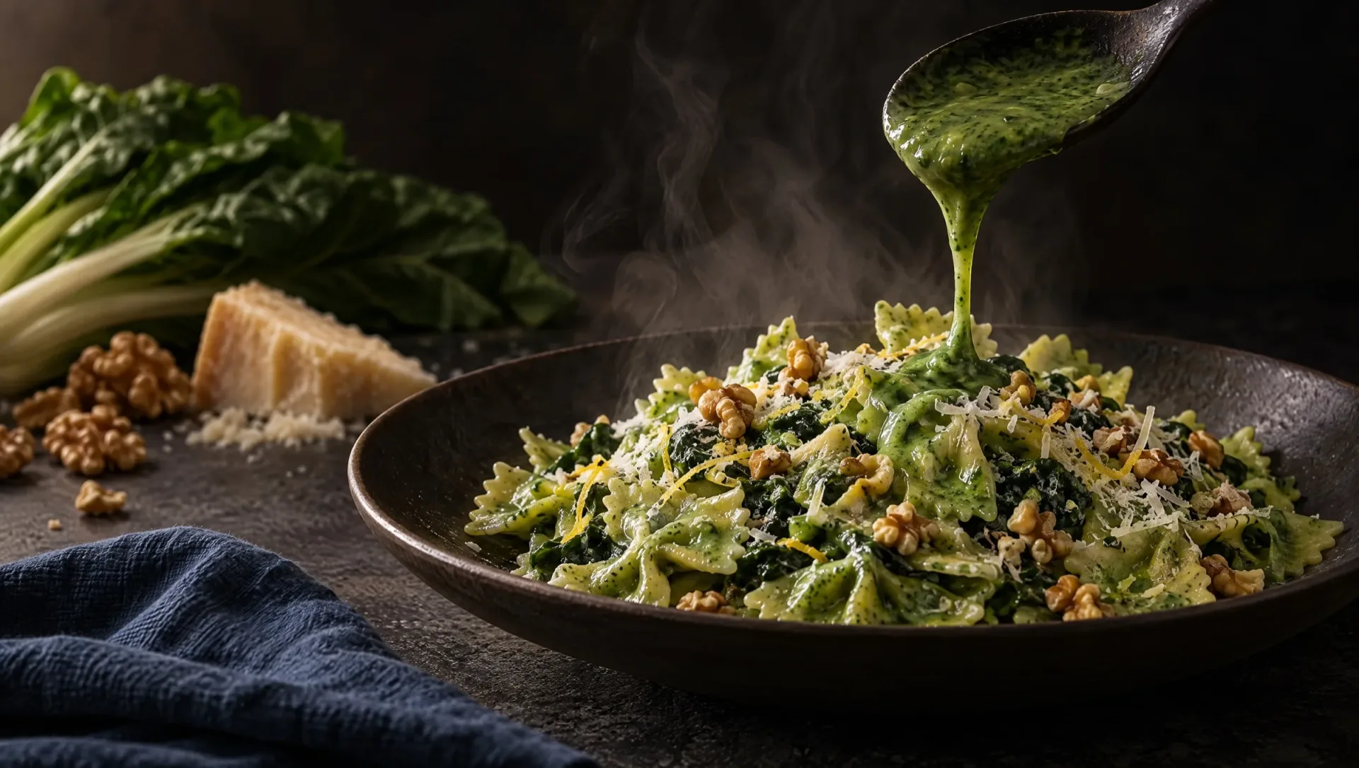 Pasta met snijbiet op een donkere tafel in Ligurië in de herfst, met rauwe snijbiet, walnoten en Grana Padano ernaast