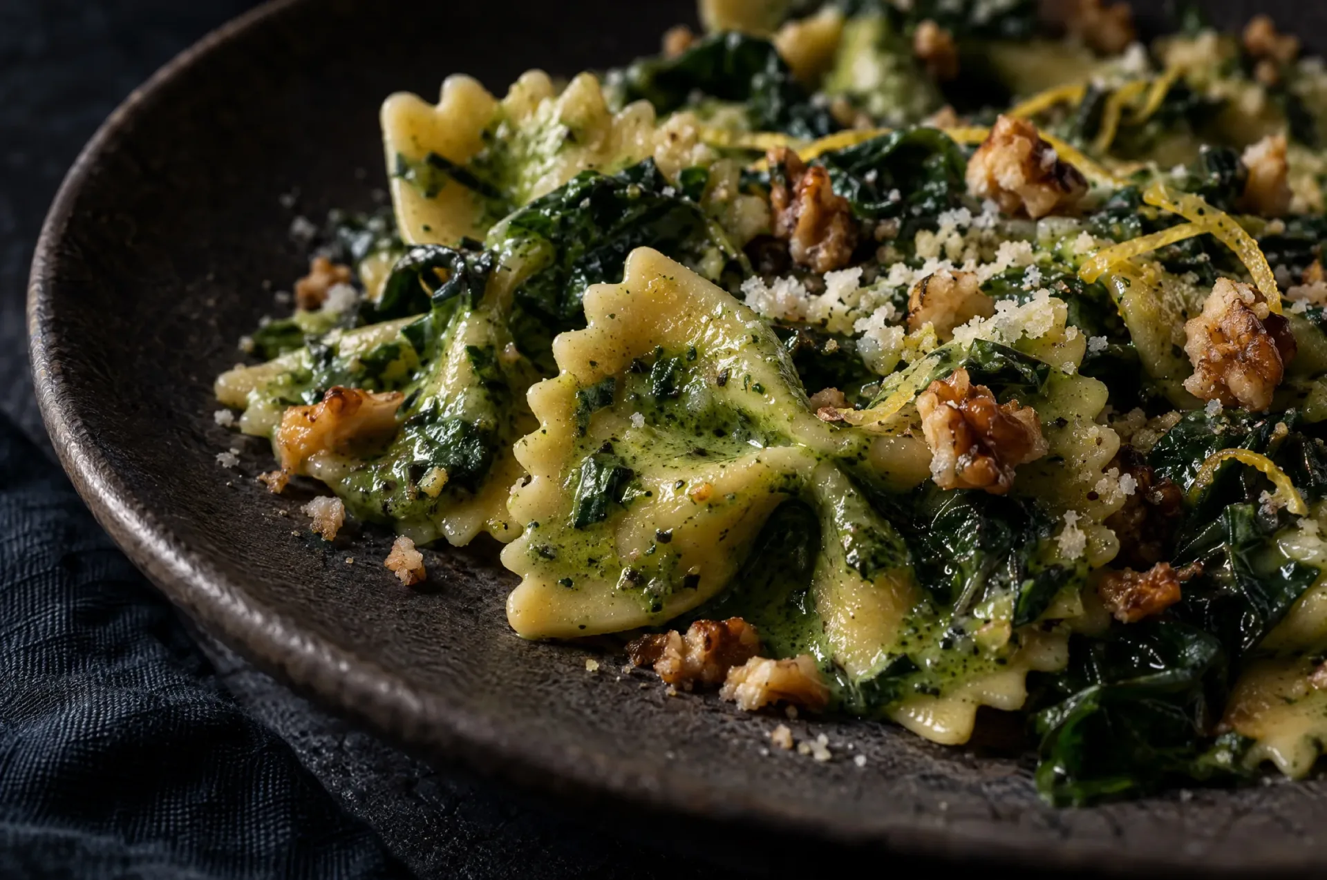 Detail van pasta met snijbiet: glanzende groene crème in de plooien van de farfalle, met Grana Padano en walnoten