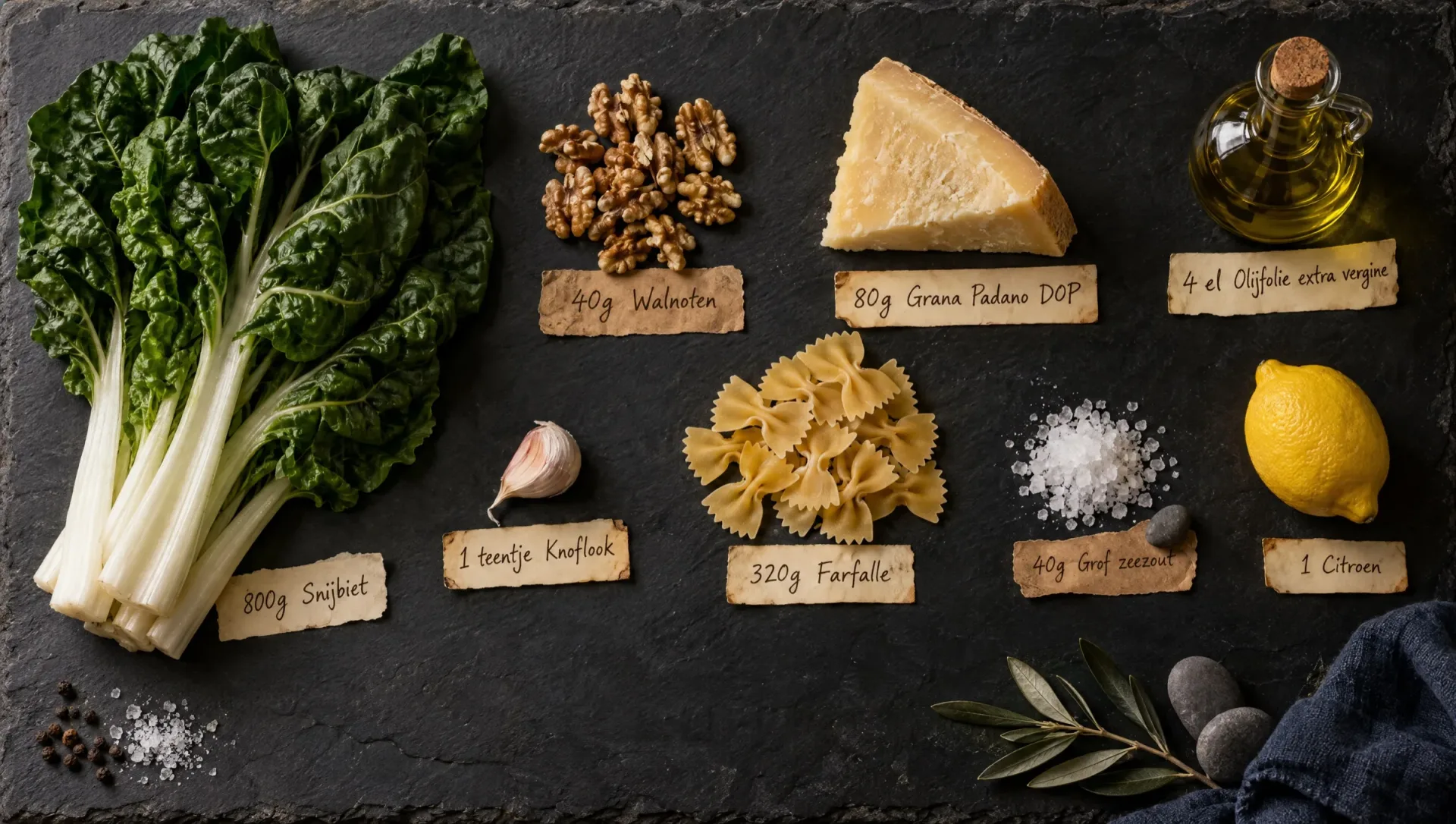 Ingrediënten voor pasta met snijbiet: verse snijbiet, farfalle, walnoten, Grana Padano, knoflook, citroen en olijfolie
