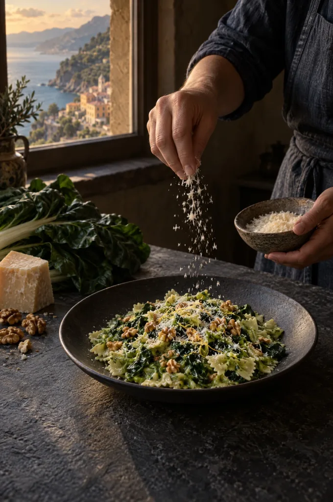 Handen strooien Grana Padano over pasta met snijbiet in een donkere keuken bij het raam, met zicht op de Ligurische kust