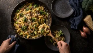 Pasta risottata met broccoli en salsiccia in een pan, opgeschept op een donker bord, met verse broccoli, Parmigiano en sjalot
