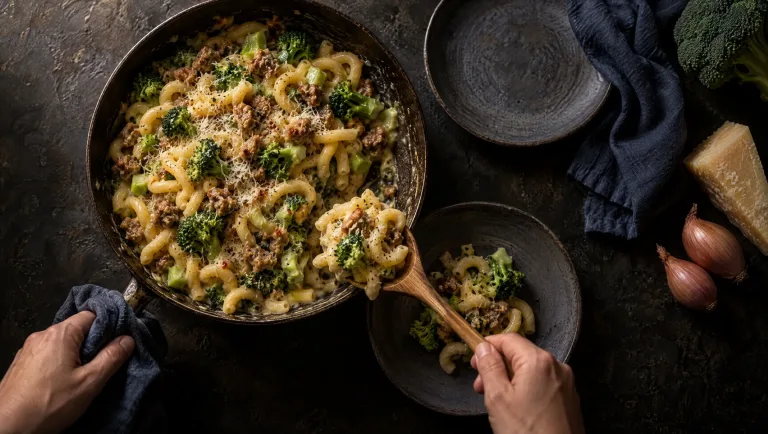Pasta risottata met broccoli en salsiccia in een pan, opgeschept op een donker bord, met verse broccoli, Parmigiano en sjalot