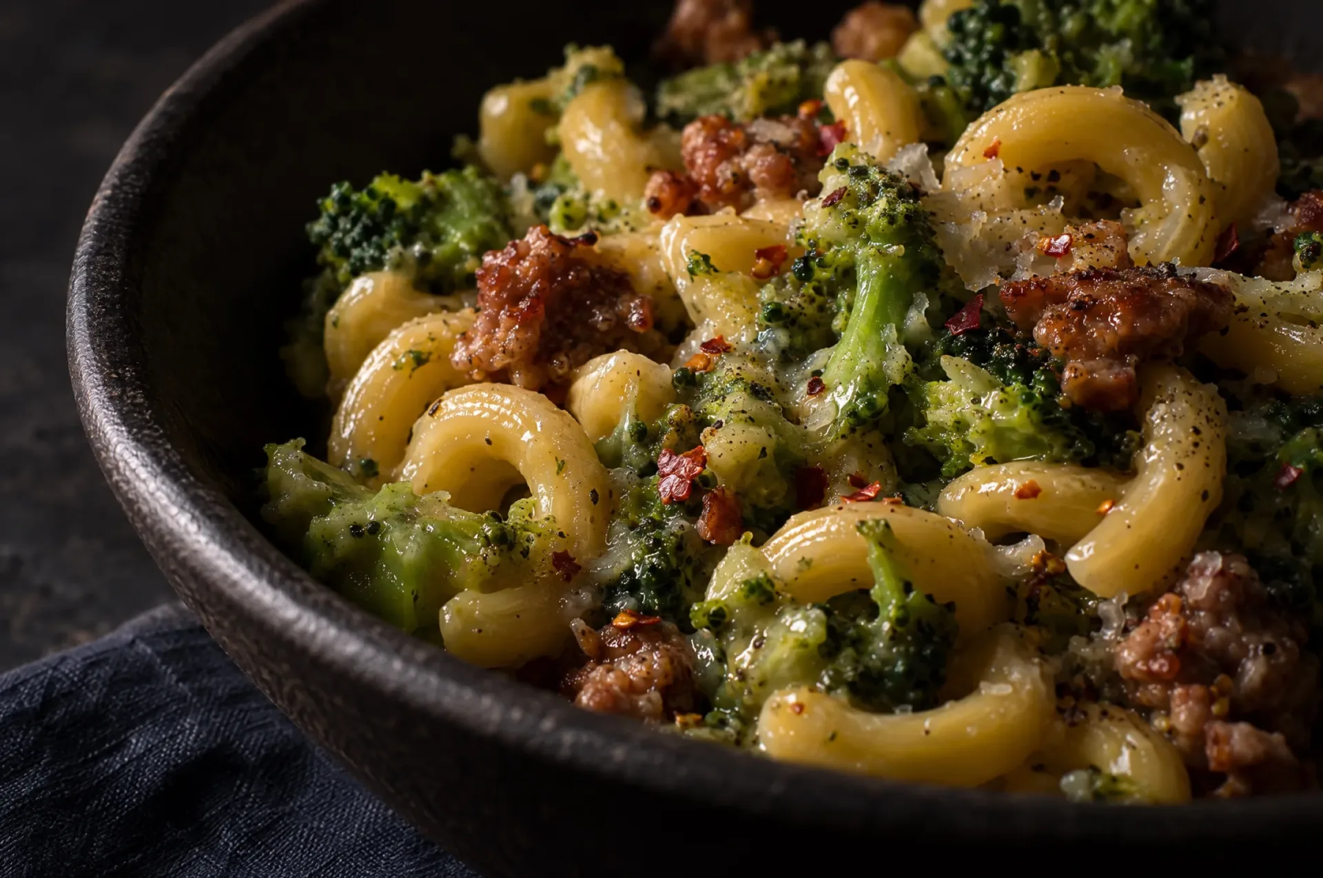 Glanzende saus van zetmeel en Parmigiano rond gramigna en fijngedrukte broccoliroosjes in pasta risottata