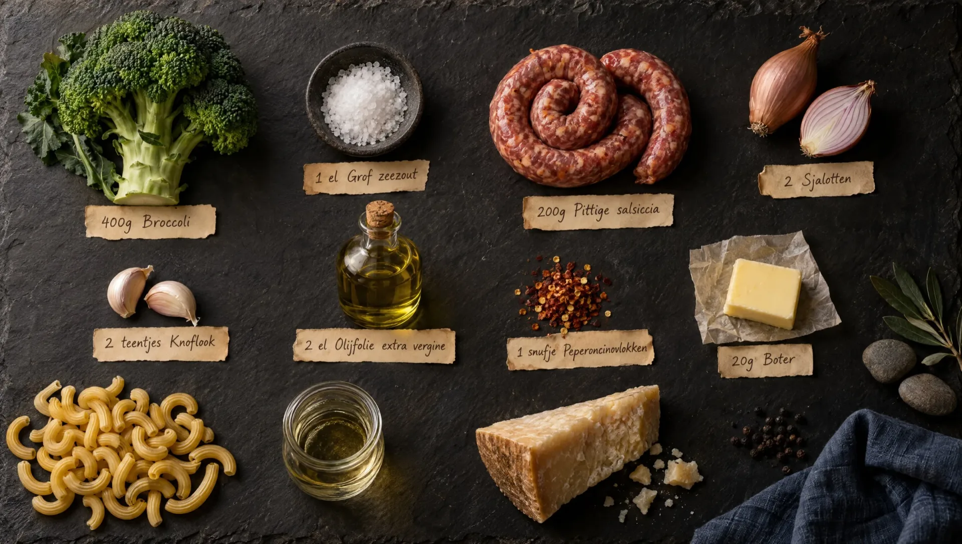 Ingrediënten voor pasta risottata: broccoli, pittige salsiccia, gramigna, sjalot, knoflook, witte wijn en Parmigiano