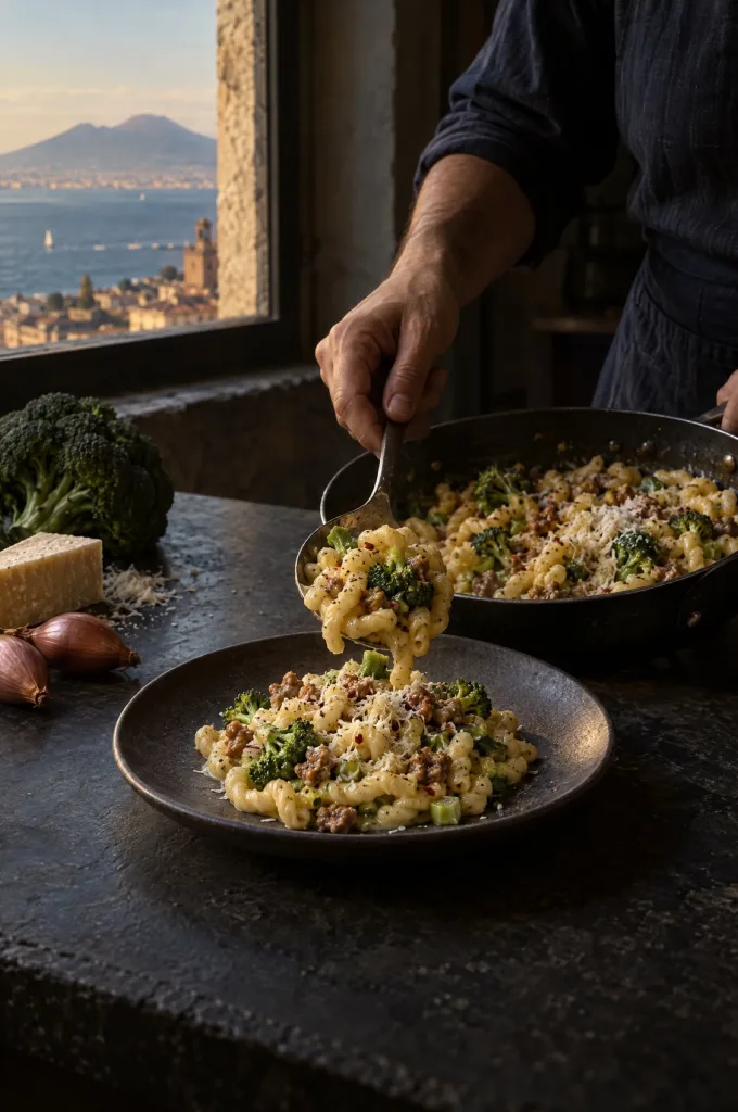 Handen van de kok scheppen pasta risottata op een bord in een donkere keuken bij het raam, uitzicht op Campania