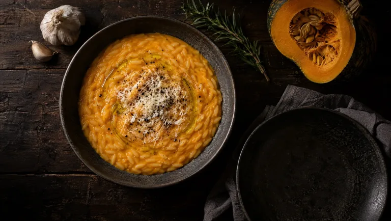Pastina met pompoen in een diep bord op een donkere herfsttafel bij Mantova, met rauwe delica, rozemarijn en knoflook