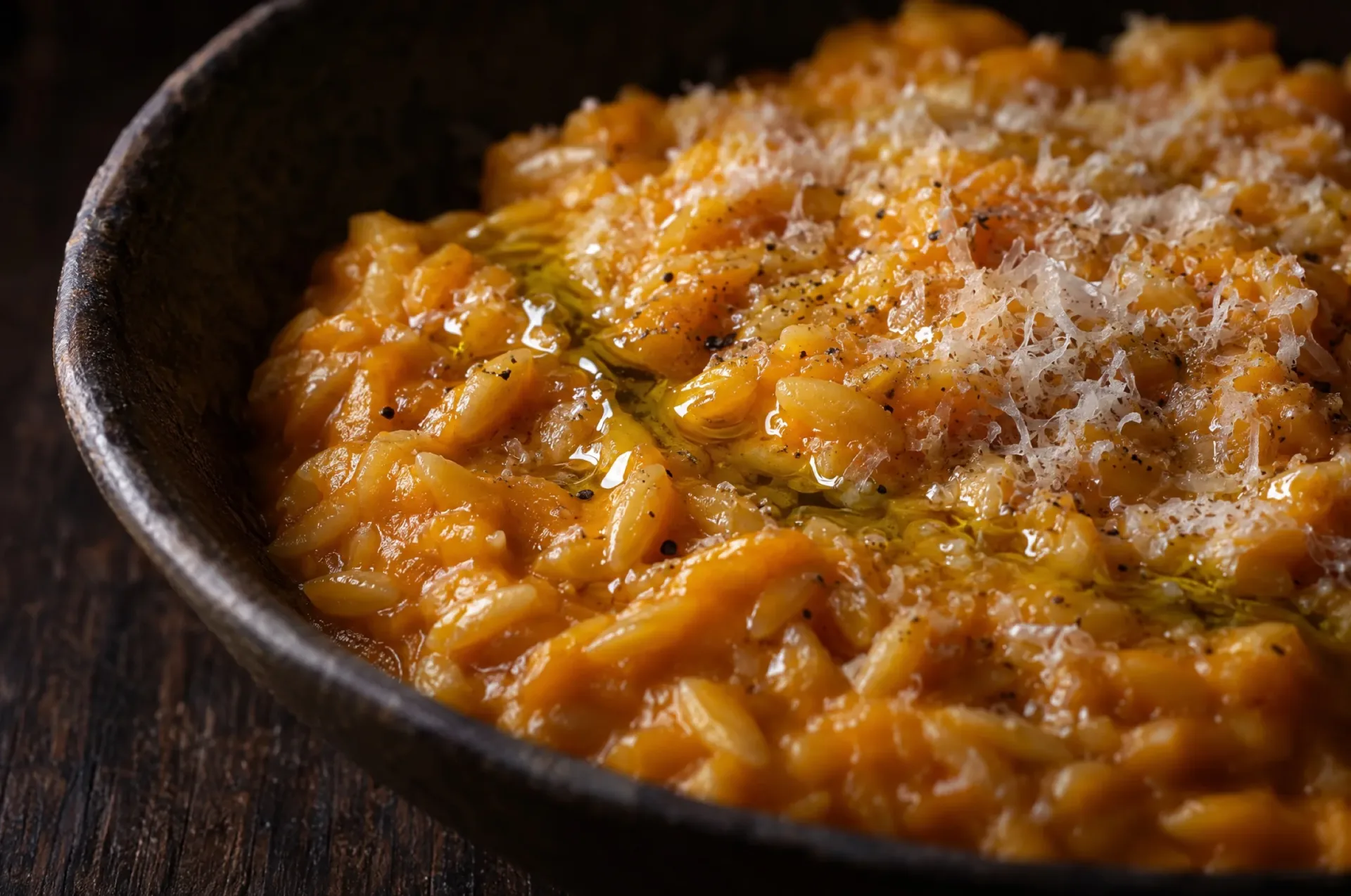 Close-up van pastina met pompoen: glanzende oranje crème rond de risoni, met een draad olijfolie en geraspte Parmigiano