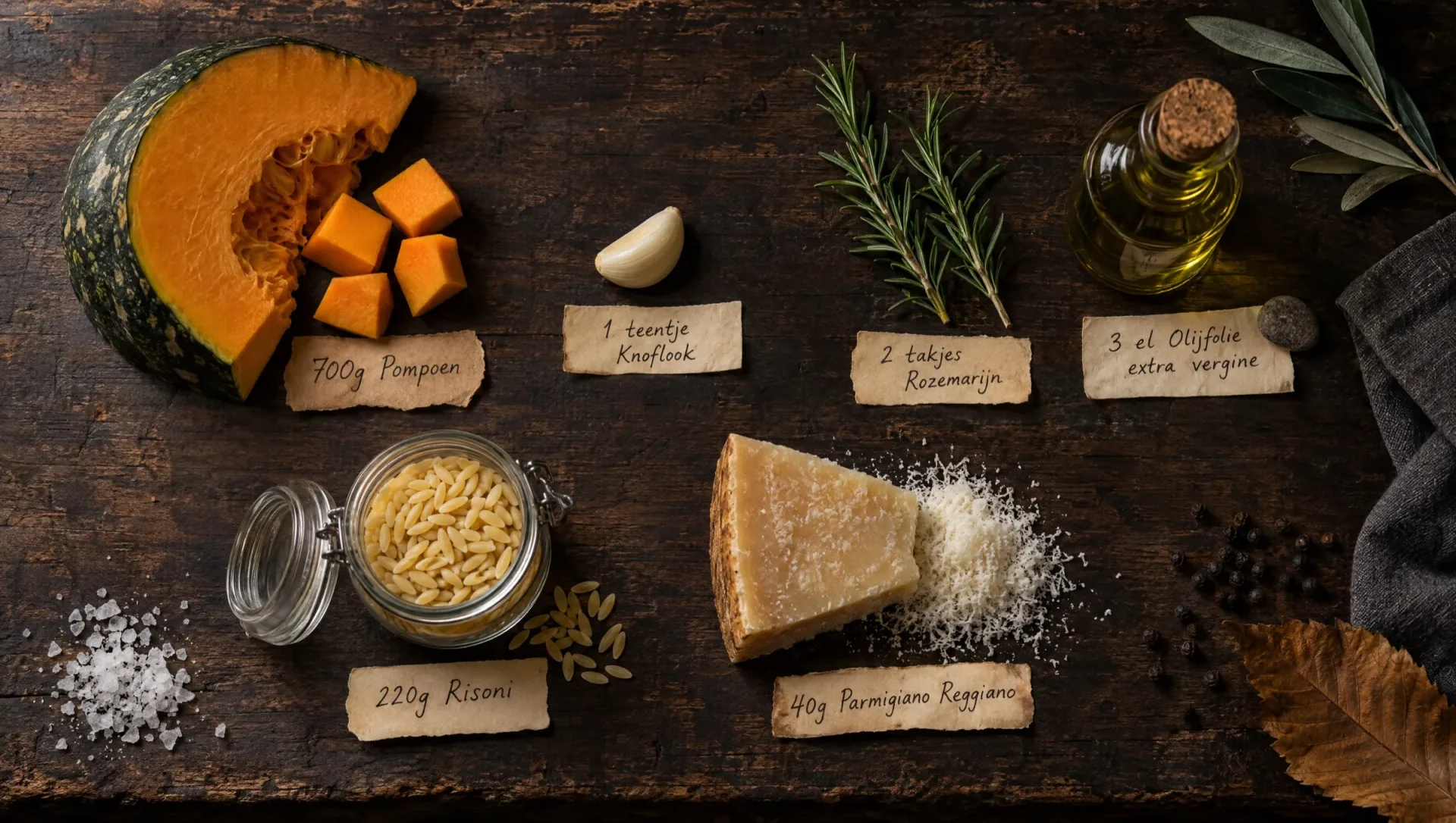 Ingrediënten voor pastina met pompoen: delica, risoni, rozemarijn, knoflook, Parmigiano Reggiano en olijfolie
