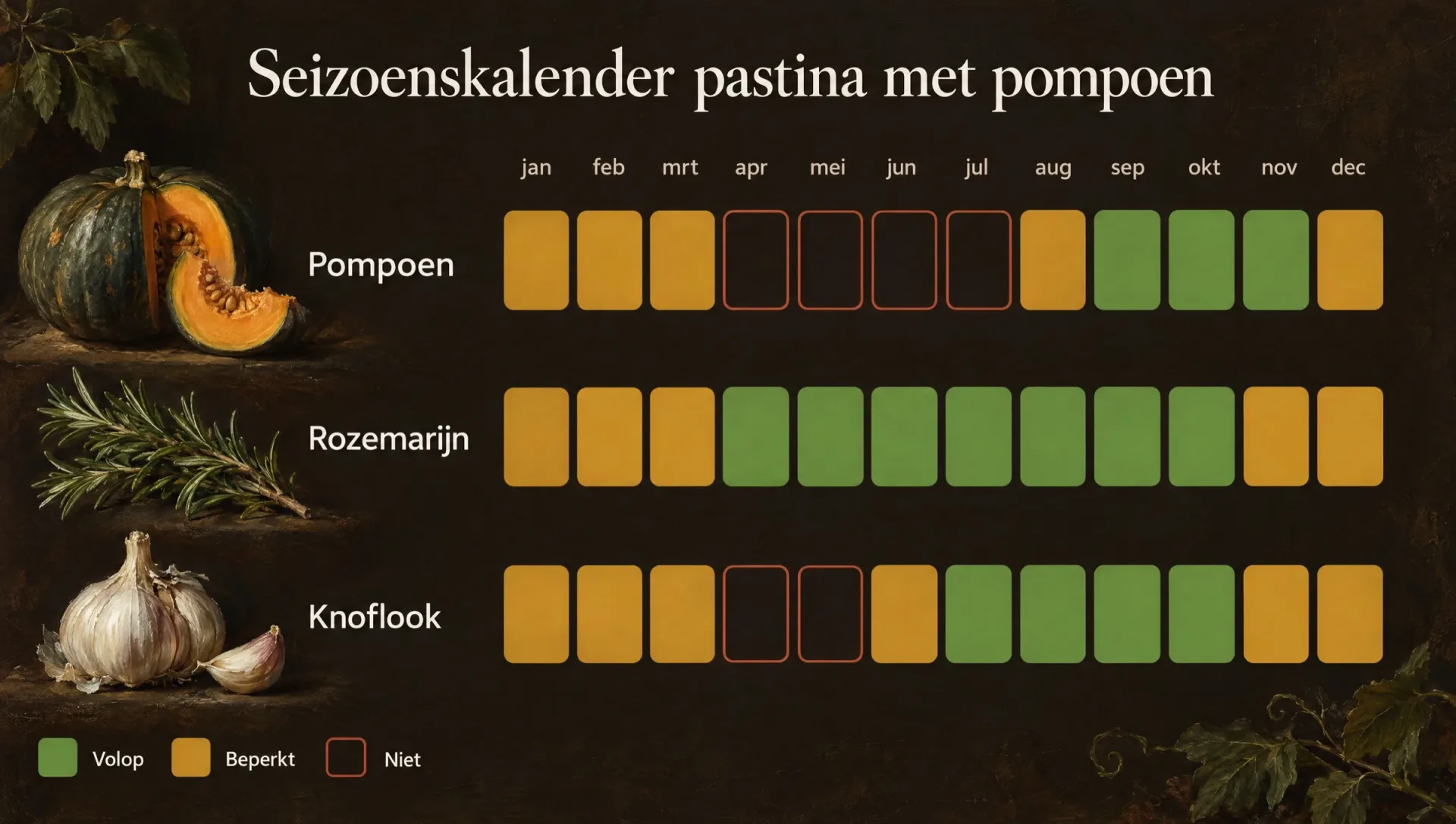 Seizoenskalender voor pastina met pompoen: wanneer delica, rozemarijn en knoflook volop, beperkt of niet te krijgen zijn