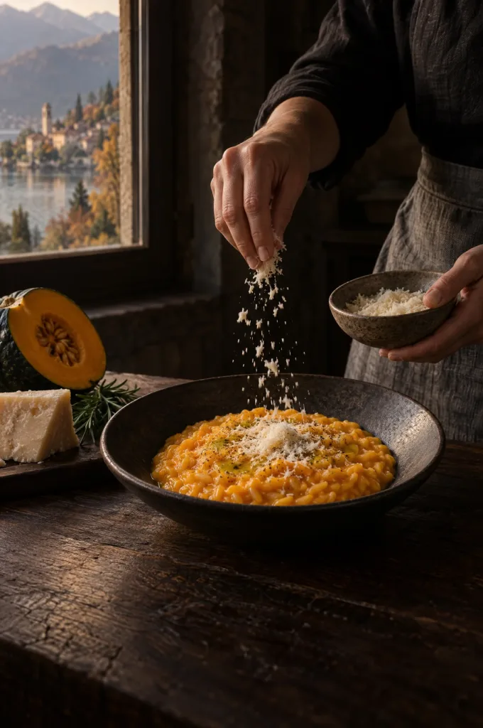 Handen strooien Parmigiano over pastina met pompoen in een donkere keuken, met uitzicht op een meer in Lombardije