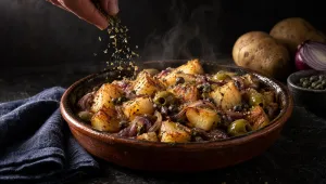 Patate apparecchiate in een terracotta schaal op een donkere Siciliaanse tafel, met rauwe aardappelen, rode ui en kappertjes