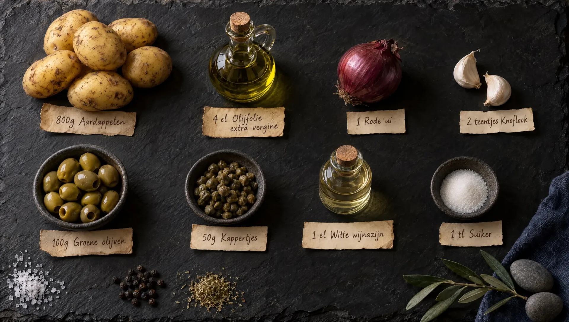 Ingrediënten voor patate apparecchiate: aardappelen, rode ui, knoflook, groene olijven, kappertjes, wijnazijn en suiker