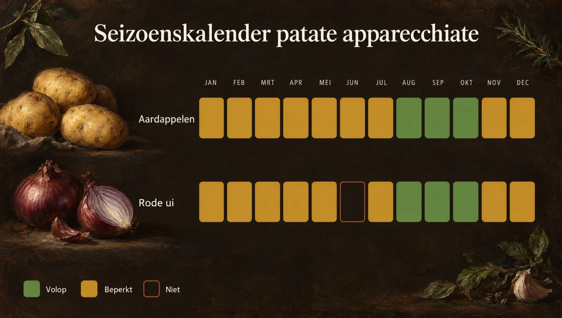 Seizoenskalender voor patate apparecchiate: de maanden waarin aardappelen en rode ui van het land op de markt liggen