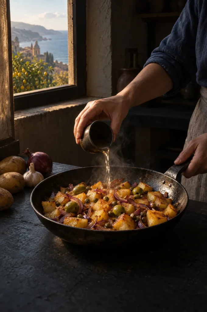Handen schenken zoetzuur langs de pan met patate apparecchiate in een donkere keuken, door het raam de Siciliaanse kust