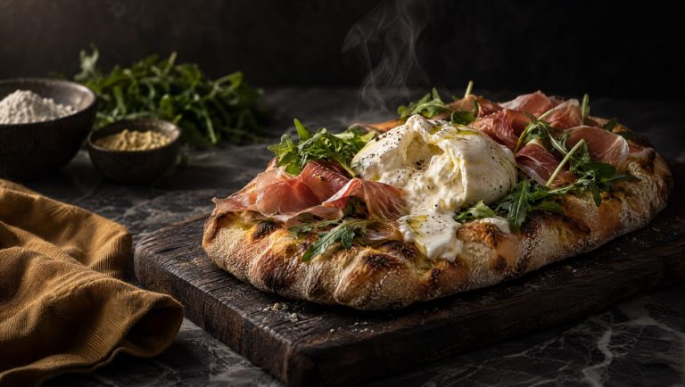 Pinsa romana met burrata, rauwe ham en rucola op een donkere houten plank, met rijstmeel en sojameel ernaast