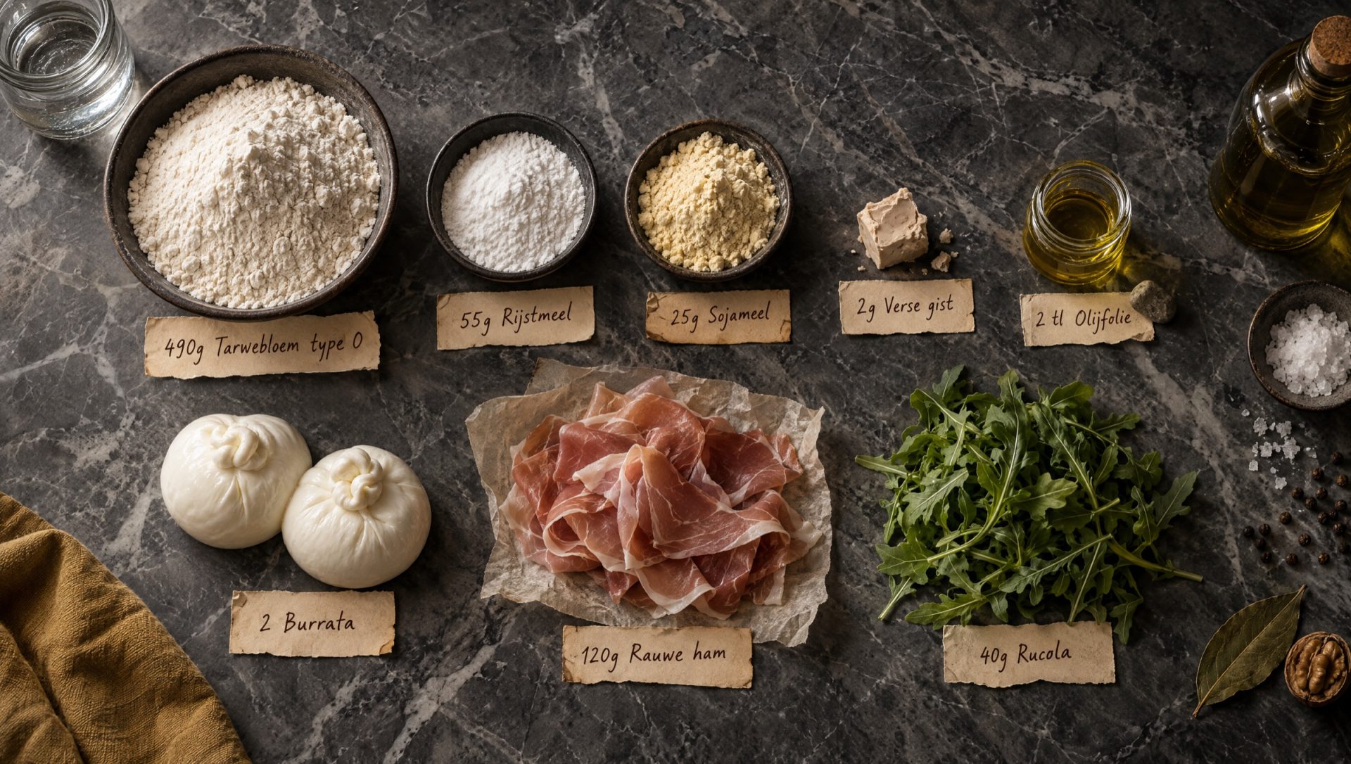 Ingrediënten voor pinsa: tarwebloem, rijstmeel, sojameel, verse gist, burrata, rauwe ham, rucola en olijfolie