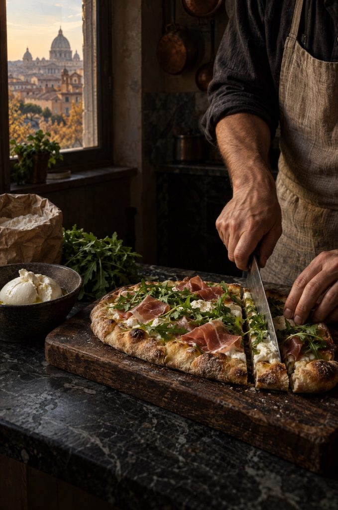 Een pinsa romana wordt in repen gesneden op een houten plank in een donkere keuken met avondlicht