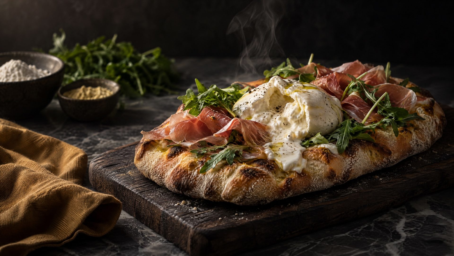 Pinsa romana met burrata, rauwe ham en rucola op een donkere houten plank, met rijstmeel en sojameel ernaast