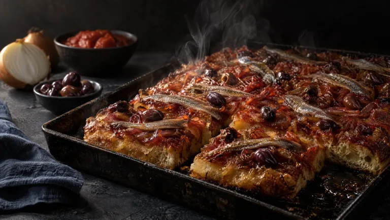 Pissalandrea vers uit de oven op een bakplaat, met ansjovis en Taggiasca-olijven, ernaast een ui en gepelde tomaten