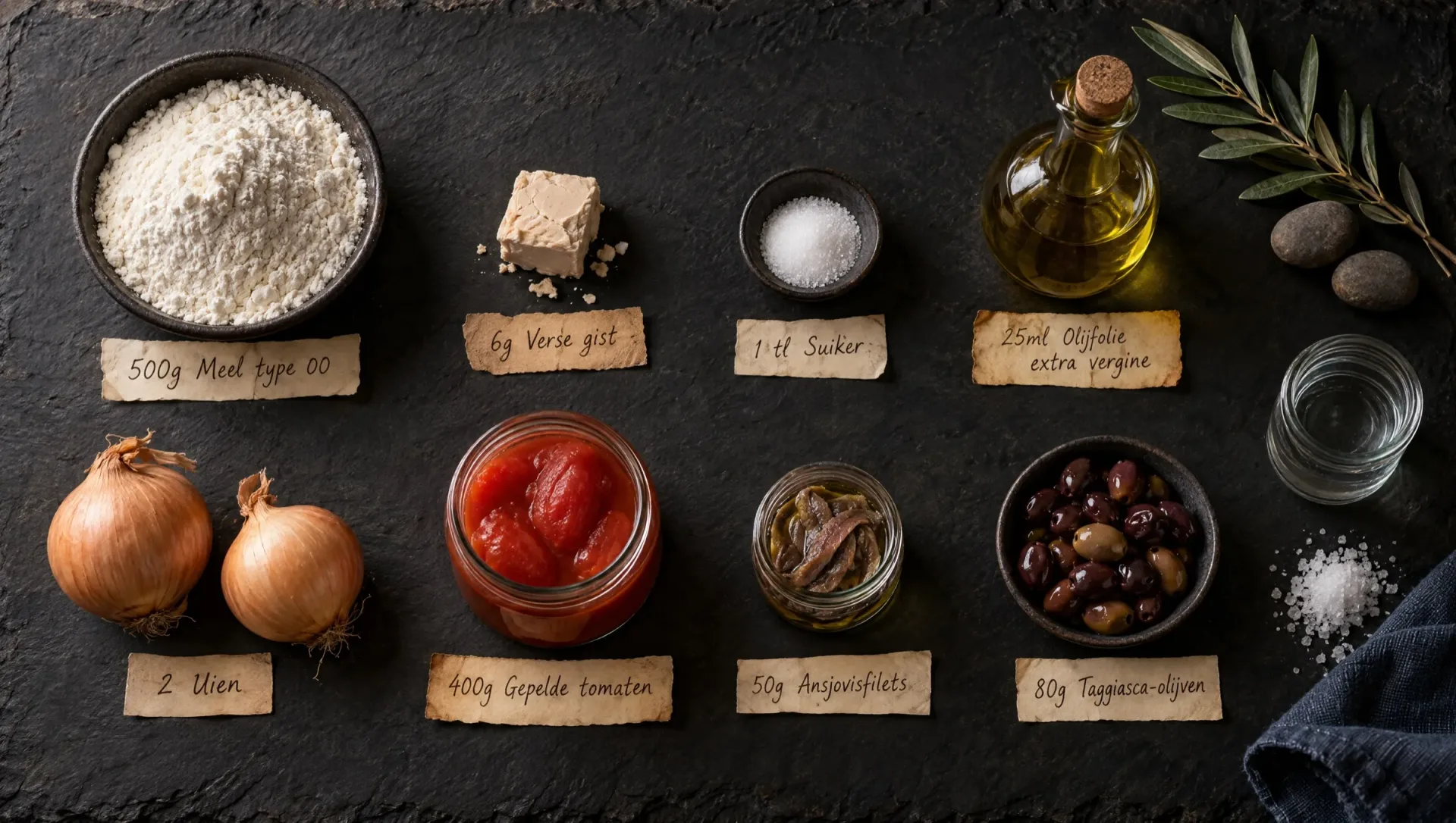 Ingrediënten voor pissalandrea: meel type 00, verse gist, uien, gepelde tomaten, ansjovis, Taggiasca-olijven en olijfolie