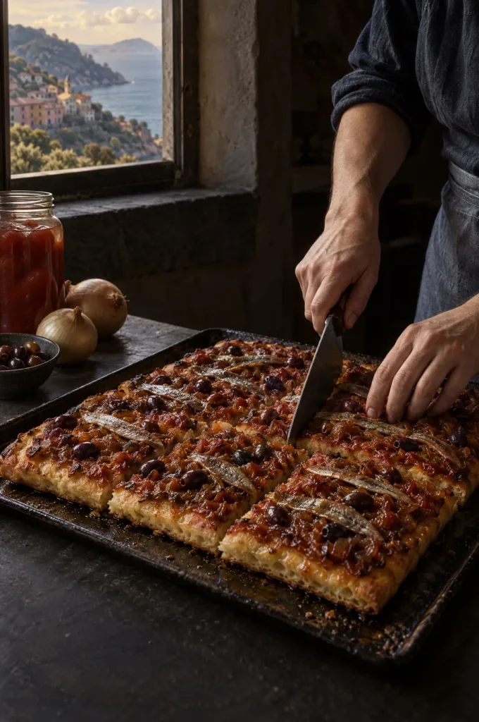 Handen van de kok snijden pissalandrea in vierkanten in een donkere keuken bij het raam, met uitzicht op de Ligurische kust