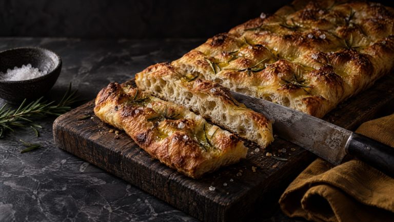 Pizza bianca met rozemarijn en grof zeezout op een houten plank, in repen gesneden, met een groot mes ernaast