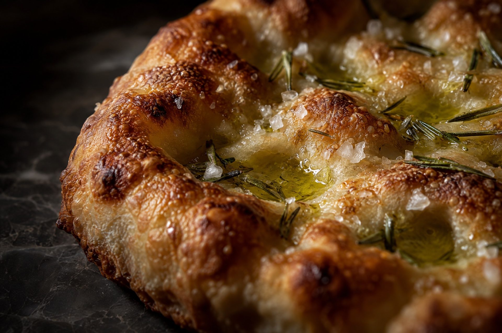 Close-up van de korst van pizza bianca, met kuiltjes vol olijfolie, korrels grof zeezout en naaldjes rozemarijn