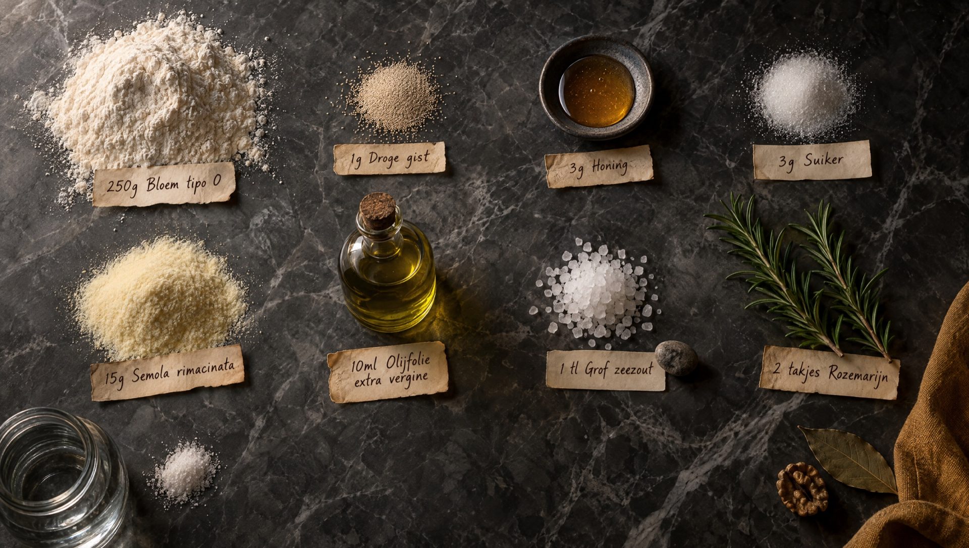 Ingrediënten voor pizza bianca: bloem tipo 0, semola, olijfolie, grof zeezout, verse rozemarijn, gist en honing