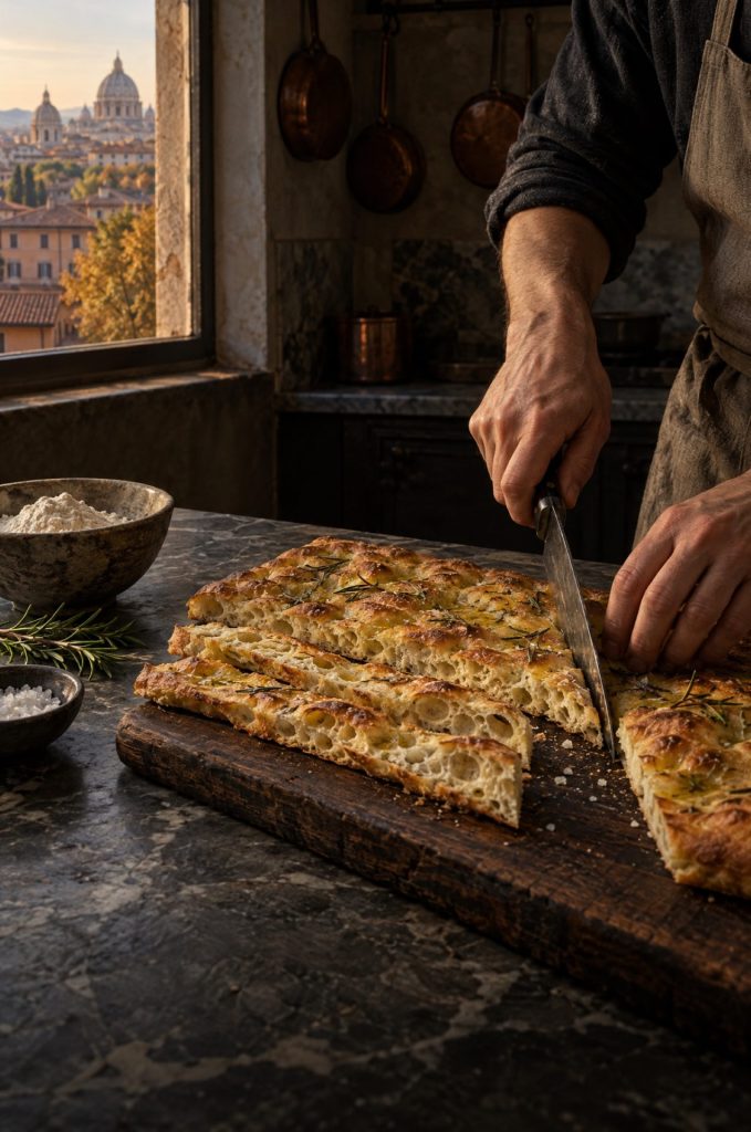 Handen van de kok snijden pizza bianca in repen in een donkere keuken bij het raam, met uitzicht op de daken van Rome