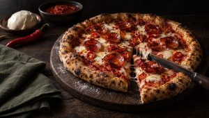Pizza diavola met salame piccante, gesmolten mozzarella en verse rode chili op een donkere houten plank