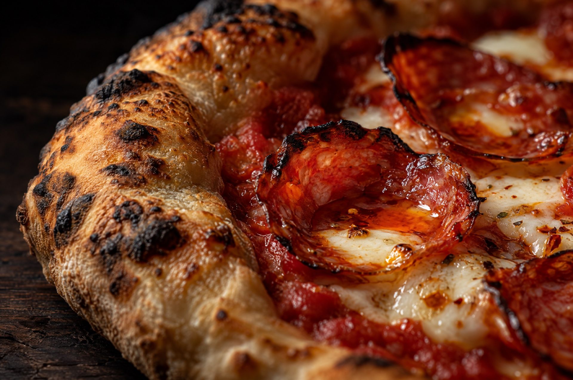 Close-up van de krokante rand van een pizza diavola met krullende plakjes salami en gesmolten mozzarella